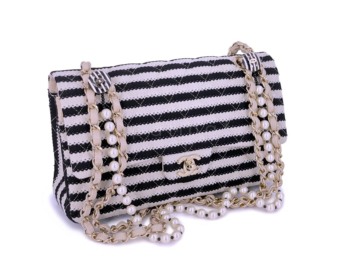 Chanel Beige-Black Coco Sailor Pearls Medium Classic Flap Bag GHW