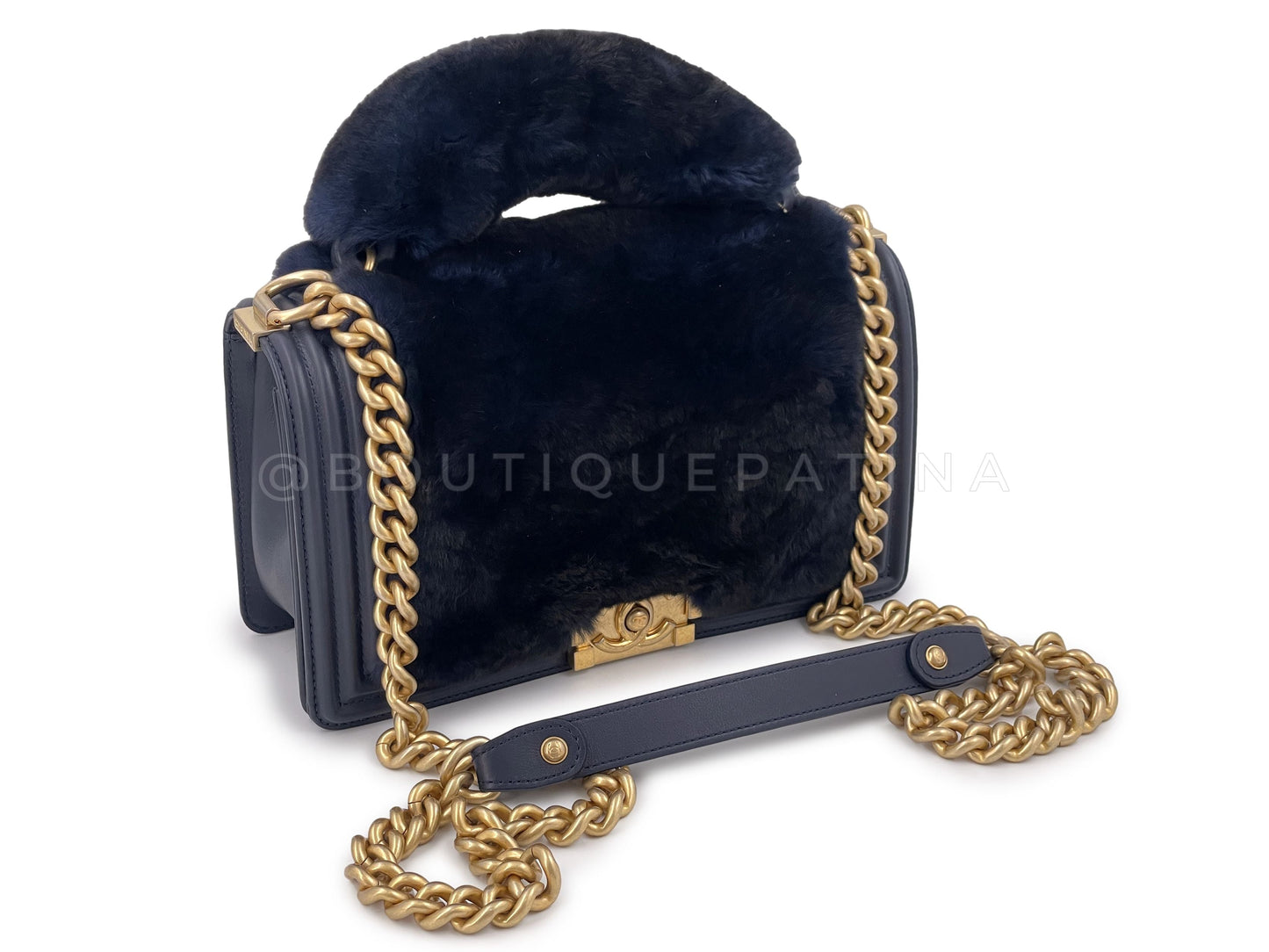 Chanel Fur Boy Handle Flap Bag Blue Black Medium GHW