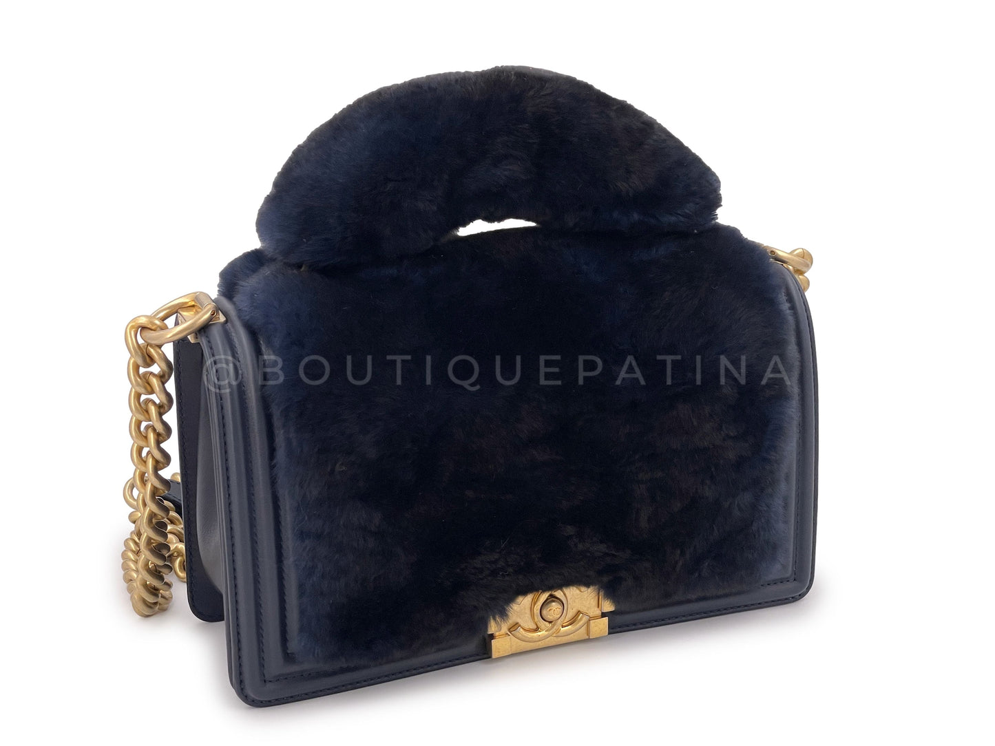 Chanel Fur Boy Handle Flap Bag Blue Black Medium GHW