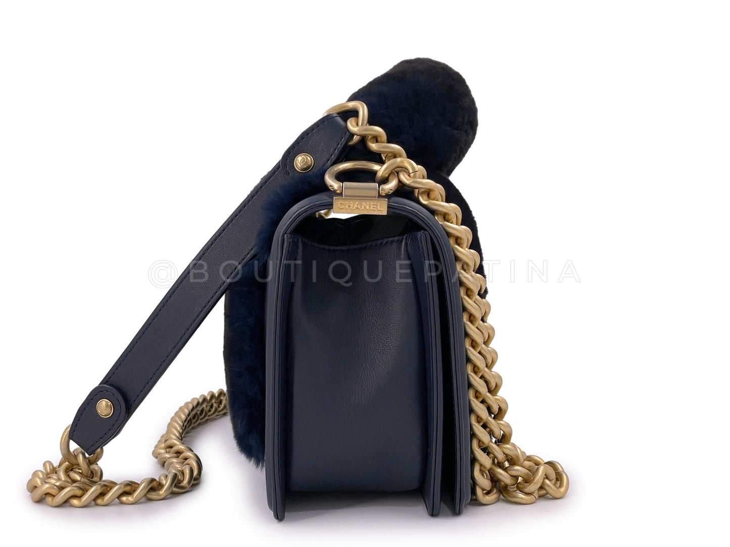 Chanel Fur Boy Handle Flap Bag Blue Black Medium GHW