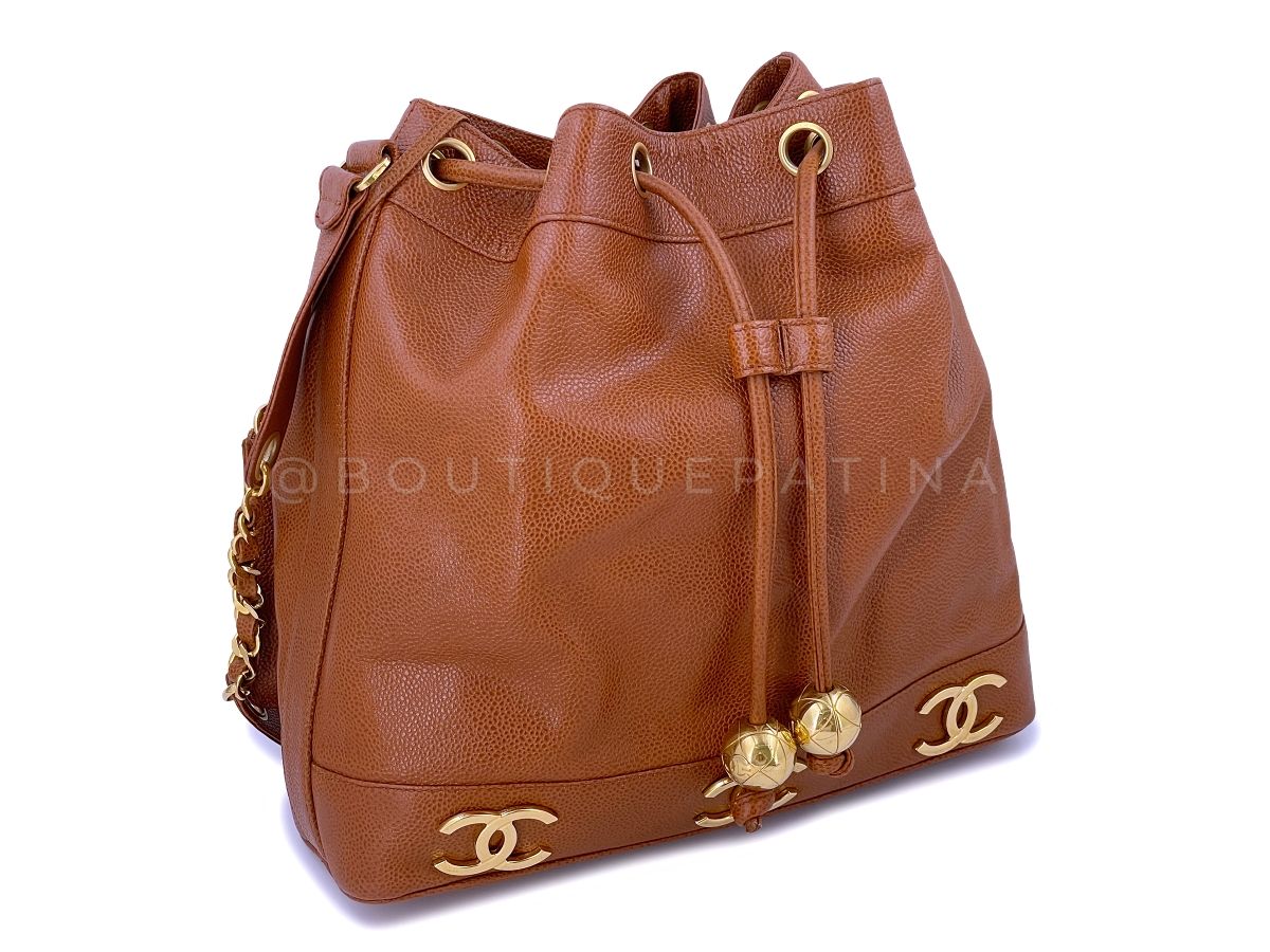 Chanel Vintage 1994 Camel Beige-Brown Caviar Bucket Bag Drawstring Tote 24k GHW