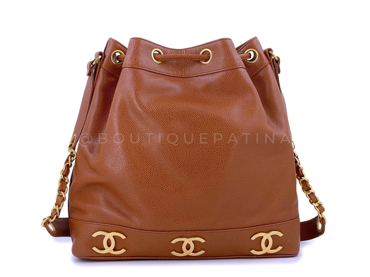 Chanel Vintage 1994 Camel Beige-Brown Caviar Bucket Bag Drawstring Tote 24k GHW