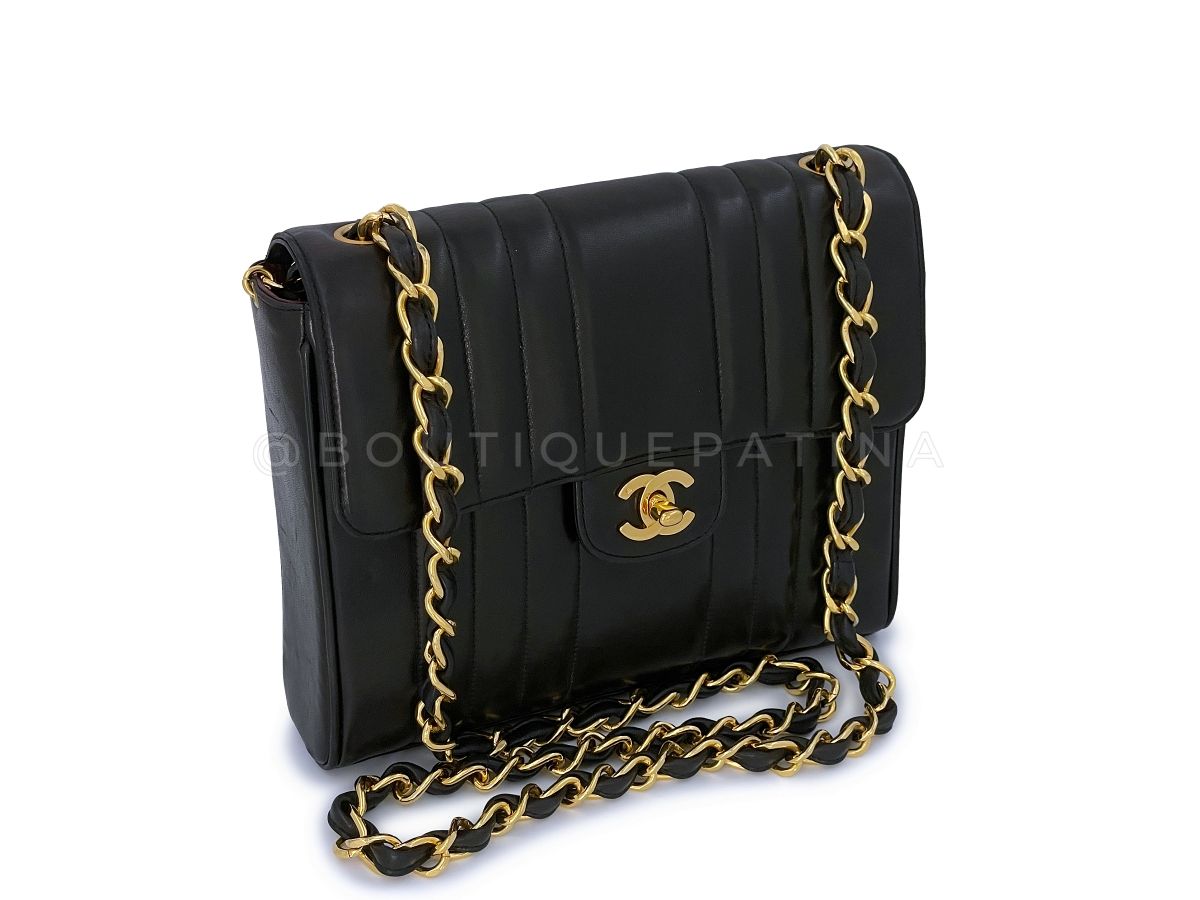 Chanel 1992 Vintage Mademoiselle Square Classic Flap Bag Black Lambskin 24k GHW