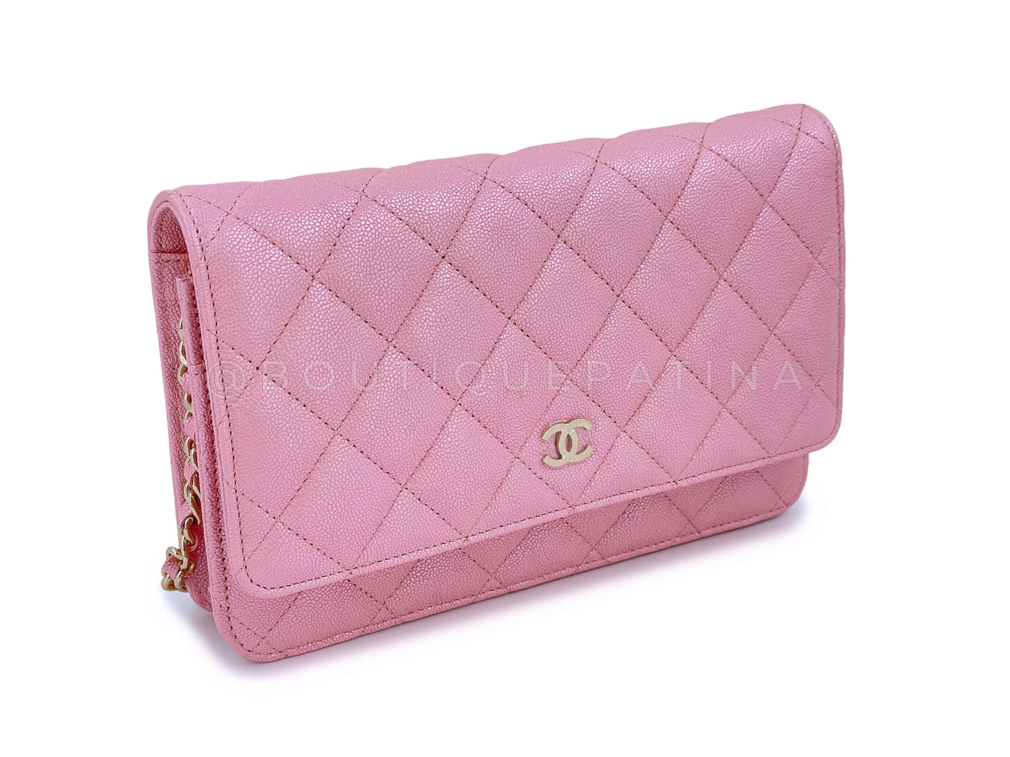 NIB 19S Chanel Iridescent Pink Caviar Classic Wallet on Chain WOC Bag GHW