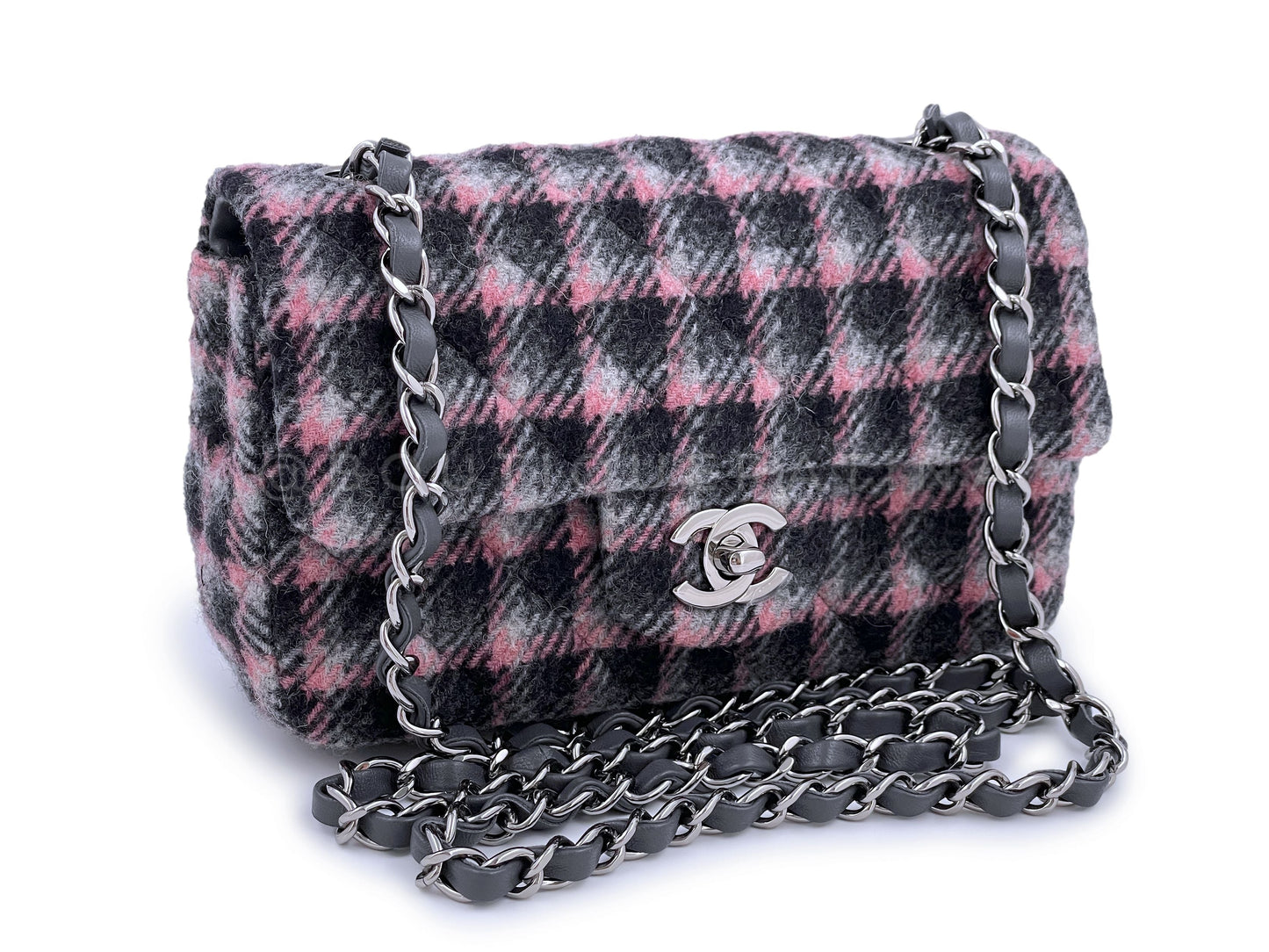 NIB 21B Chanel Rectangular Mini Classic Flap Bag Black/Pink/Gray Tweed Wool SHW