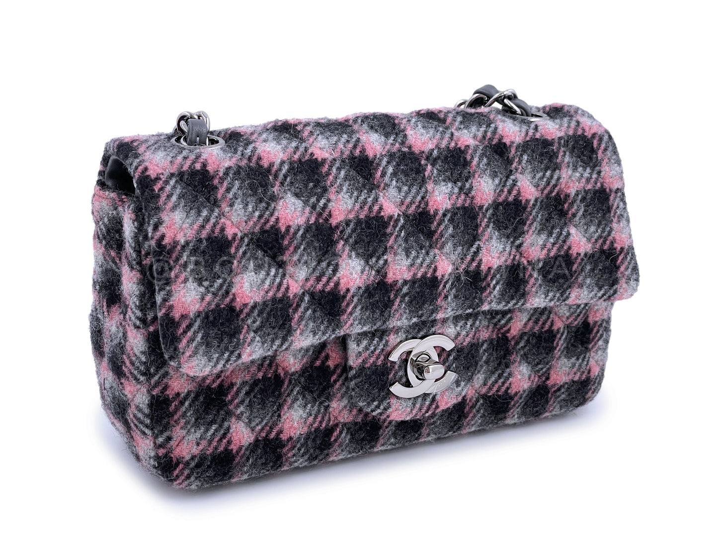 NIB 21B Chanel Rectangular Mini Classic Flap Bag Black/Pink/Gray Tweed Wool SHW