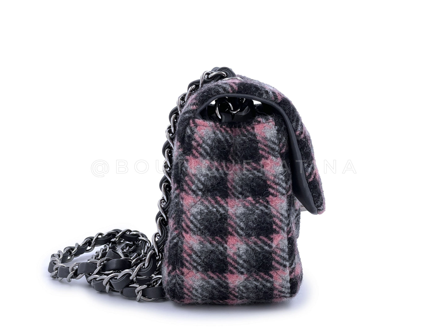 NIB 21B Chanel Rectangular Mini Classic Flap Bag Black/Pink/Gray Tweed Wool SHW