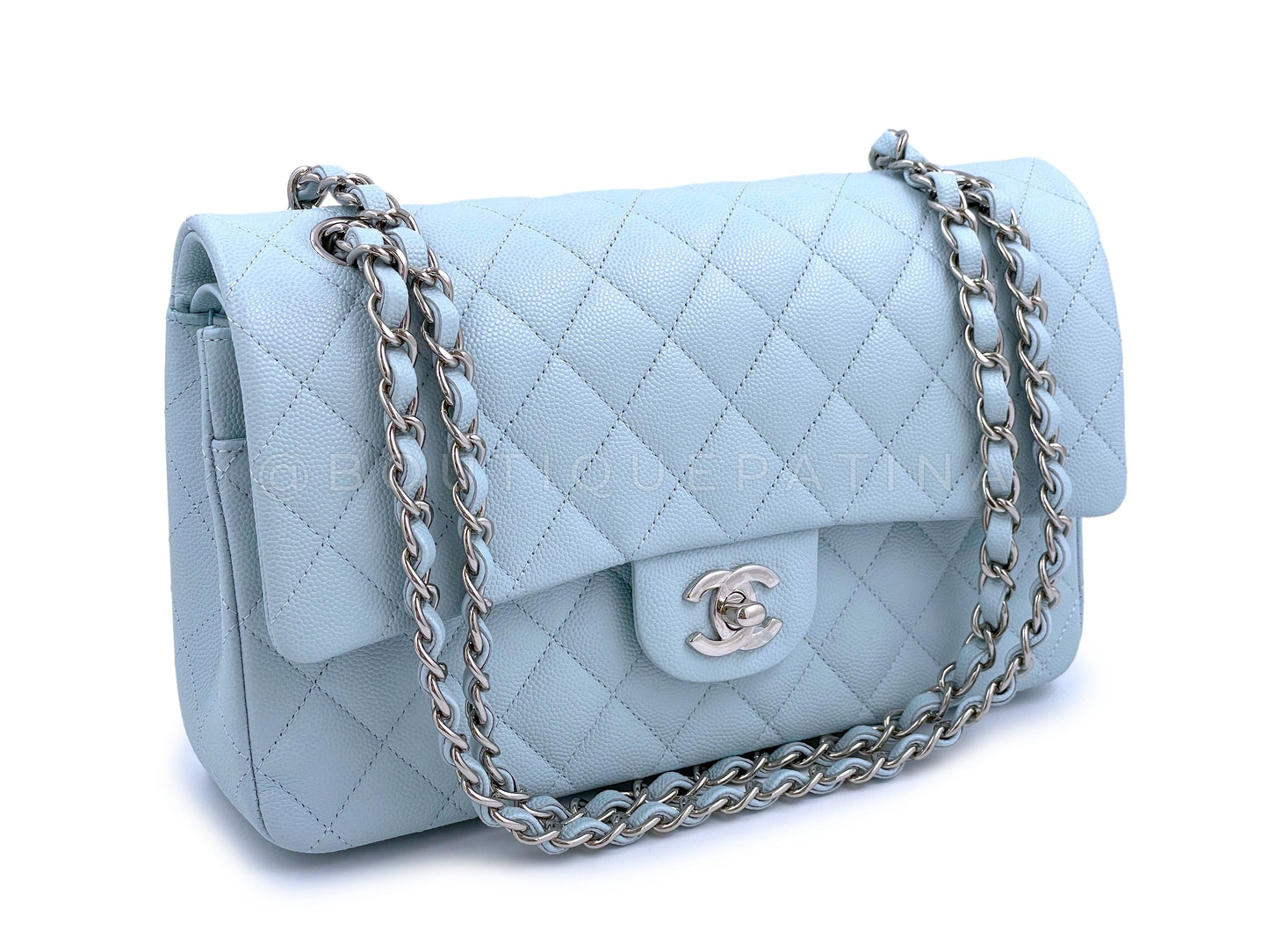 NIB 21K Chanel Light Pale Blue Caviar Classic Medium Double Flap Bag SHW