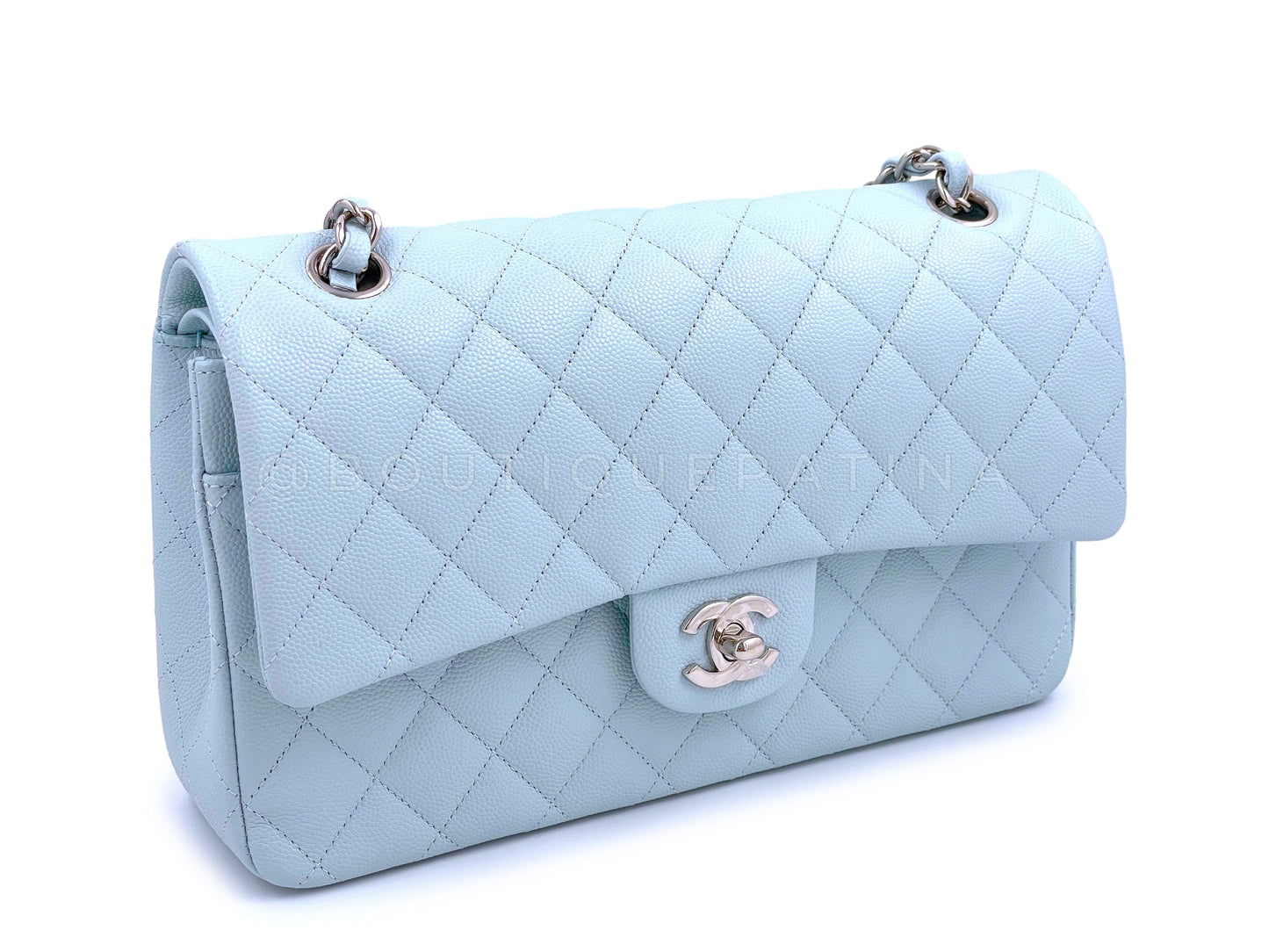 NIB 21K Chanel Light Pale Blue Caviar Classic Medium Double Flap Bag SHW