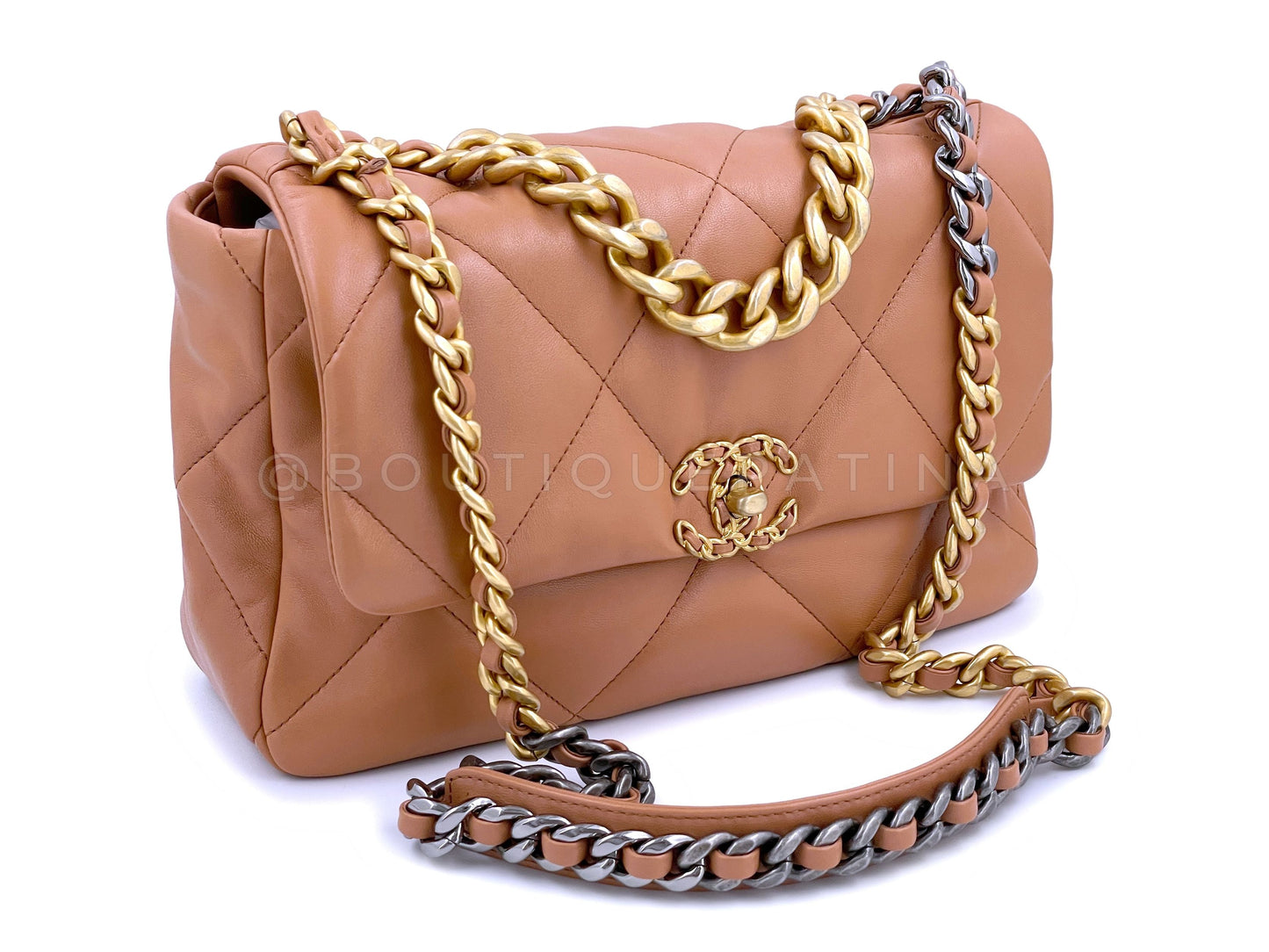 NIB 21K Chanel 19 Caramel Beige Brown Medium Flap Bag