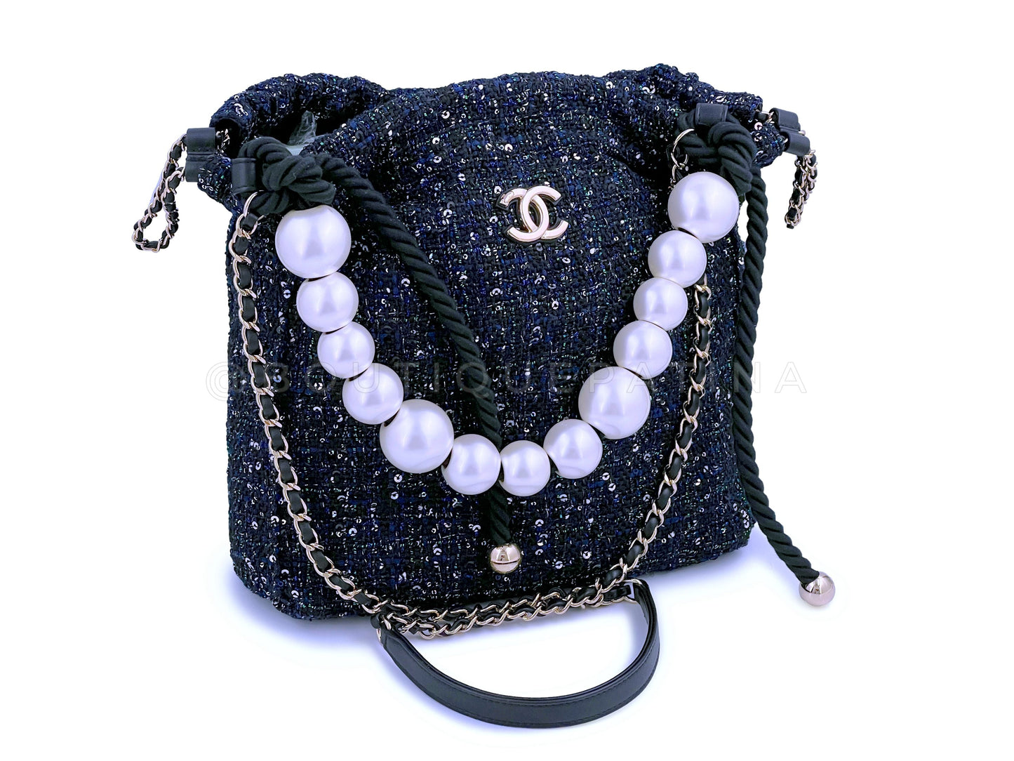 Limited Chanel 19S Tweed Sequin Oversized Pearl Small Tote Bag GHW