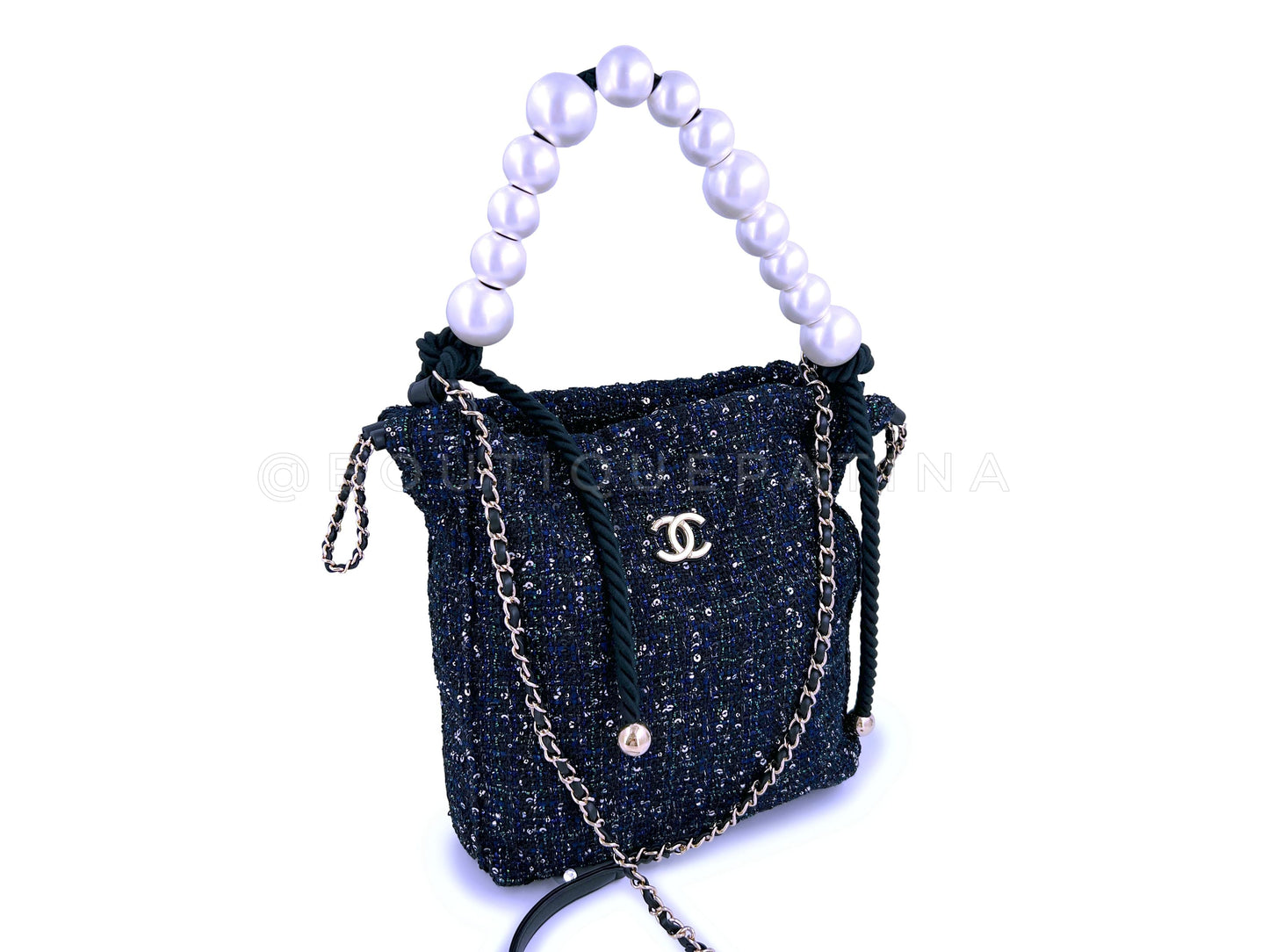 Limited Chanel 19S Tweed Sequin Oversized Pearl Small Tote Bag GHW