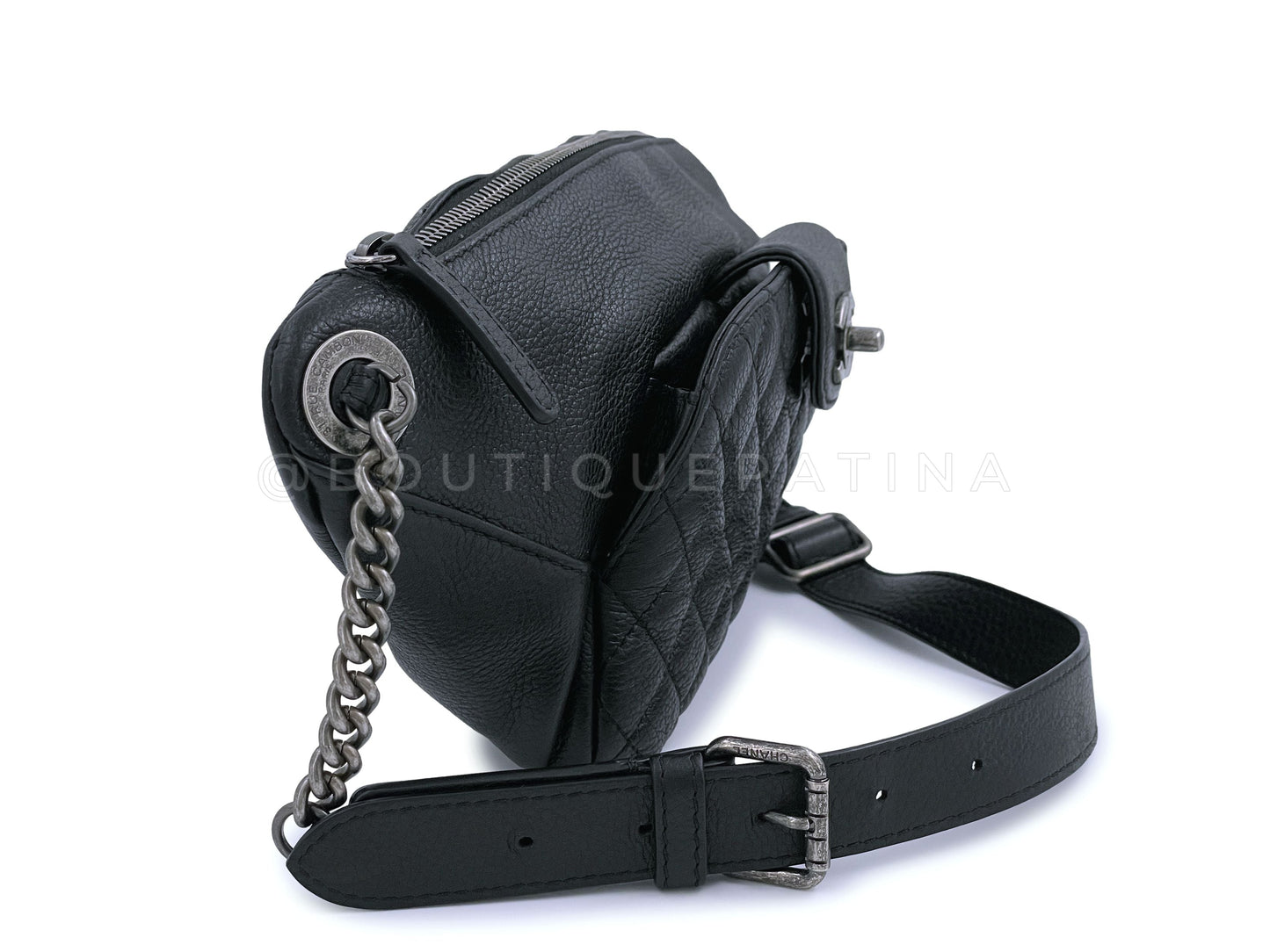 Chanel Black Grained Calfskin Quilted Classic Front Pocket Fanny Pack Belt Bag RHW