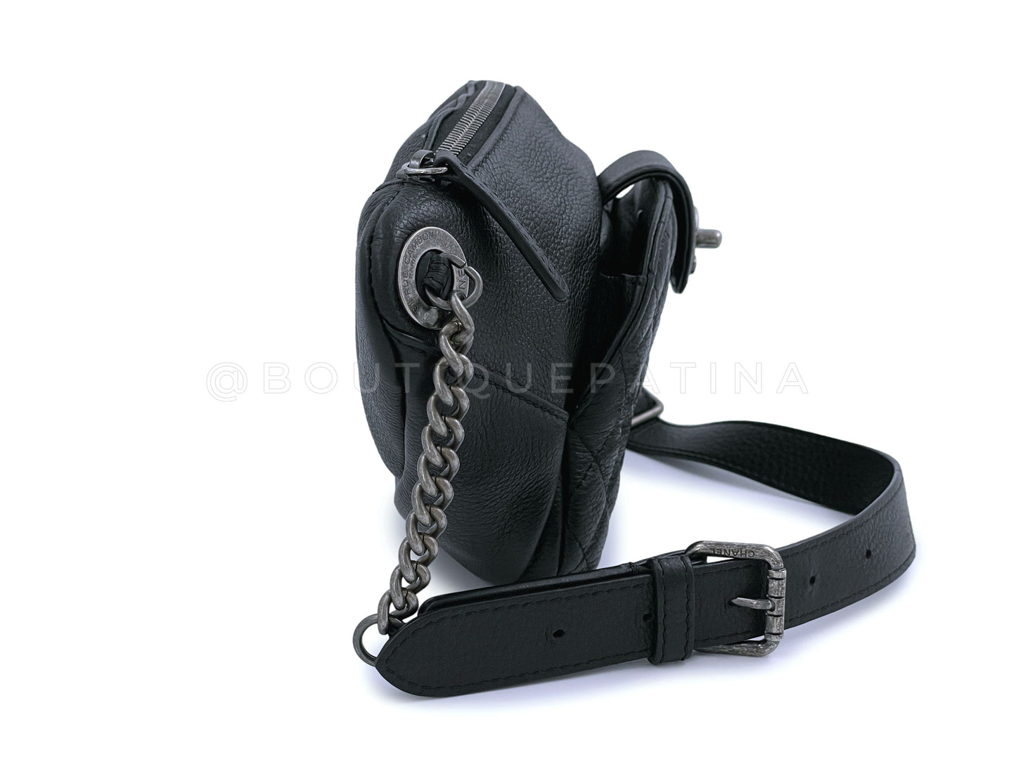 Chanel Black Grained Calfskin Quilted Classic Front Pocket Fanny Pack Belt Bag RHW