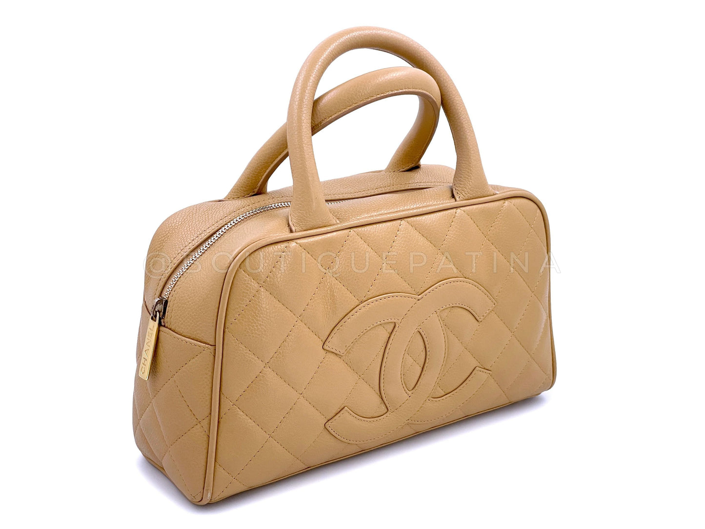 Chanel Camel Beige Caviar Quilted Small Mini Bowler Bag