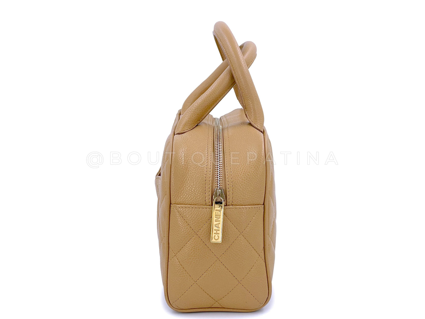 Chanel Camel Beige Caviar Quilted Small Mini Bowler Bag