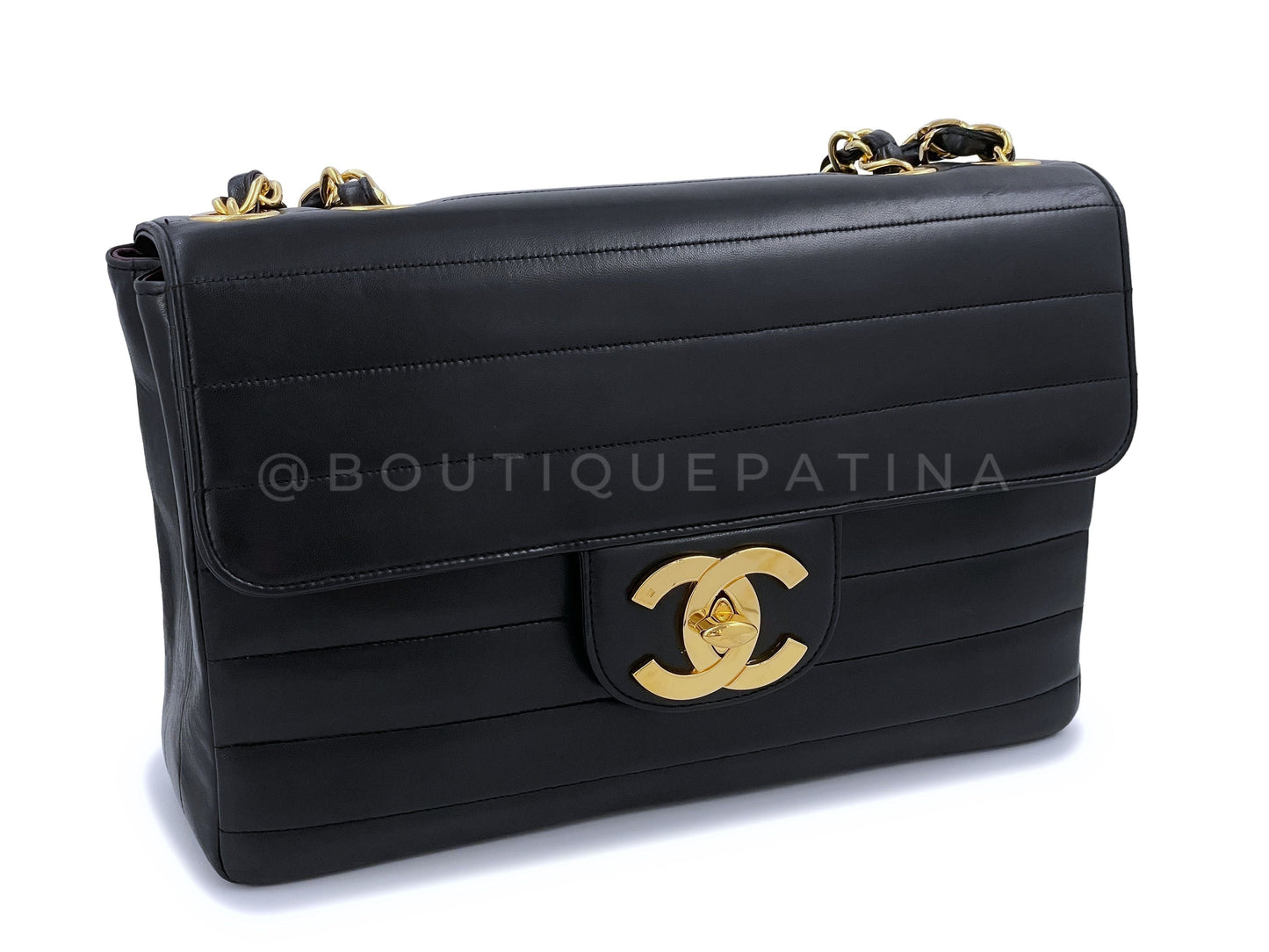 Rare Chanel 1996 Vintage Black Horizontal Jumbo Classic Flap Bag 24k GHW Lambskin