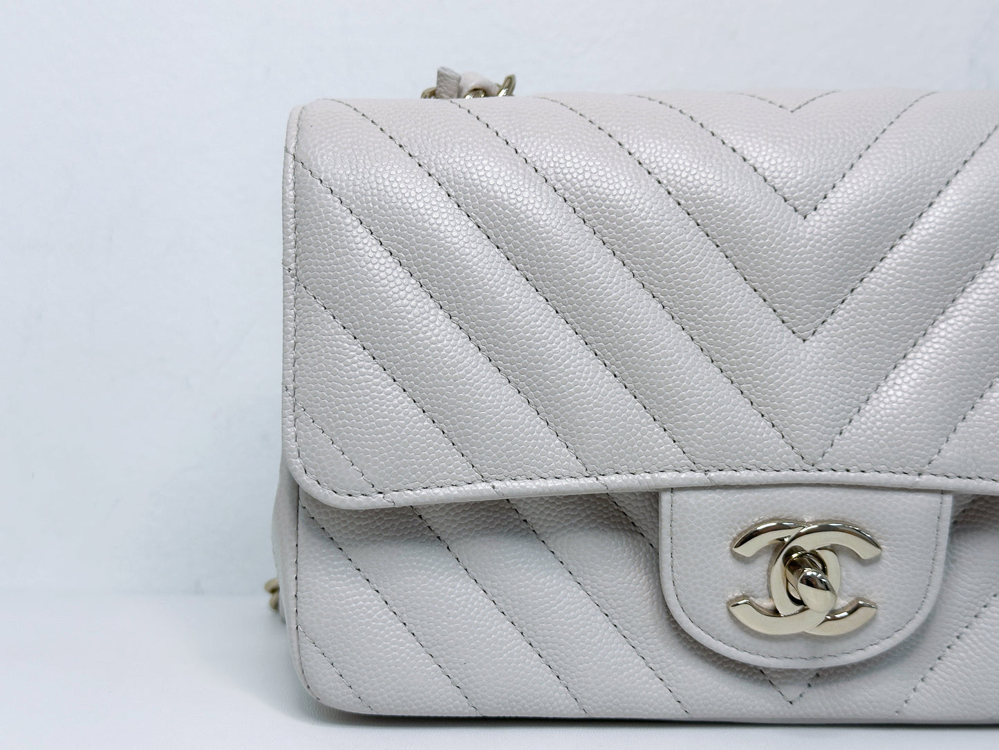 Chanel Mini Rectangle Chevron Blush Hue Light Beige Flap Bag LGHW