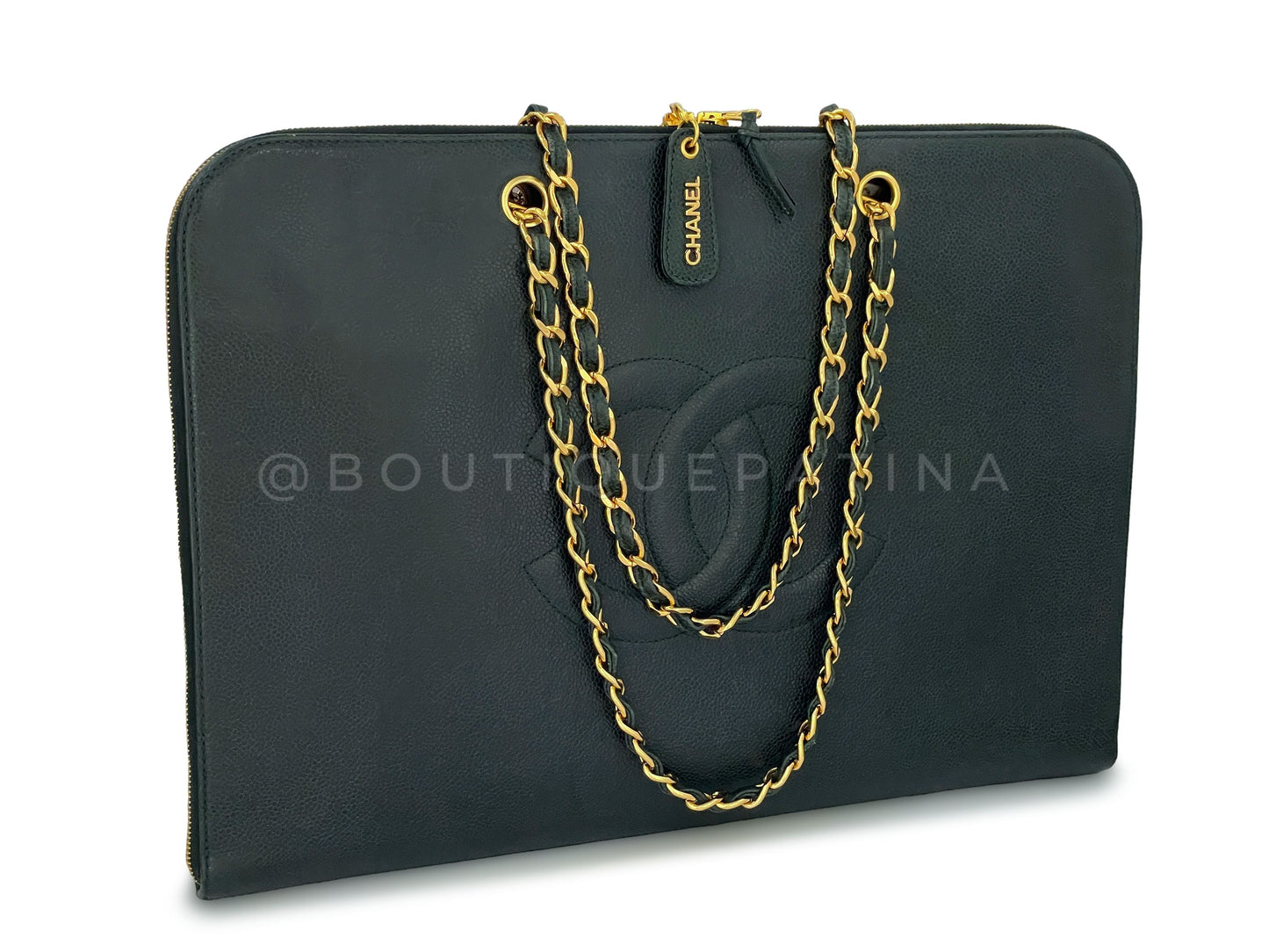 Chanel Vintage Dark Green Caviar Portfolio Laptop Work Tote Bag 24k GHW