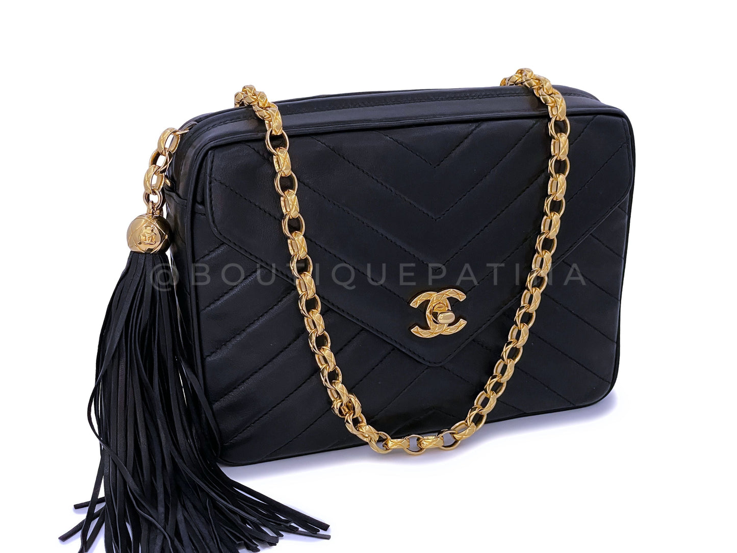 Pristine Chanel 1992 Vintage Black Envelope Chevron Camera Case Bag 24k GHW