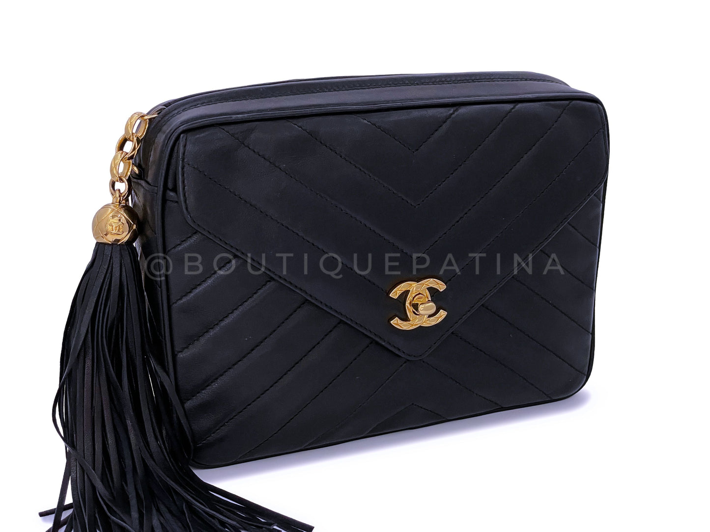 Pristine Chanel 1992 Vintage Black Envelope Chevron Camera Case Bag 24k GHW