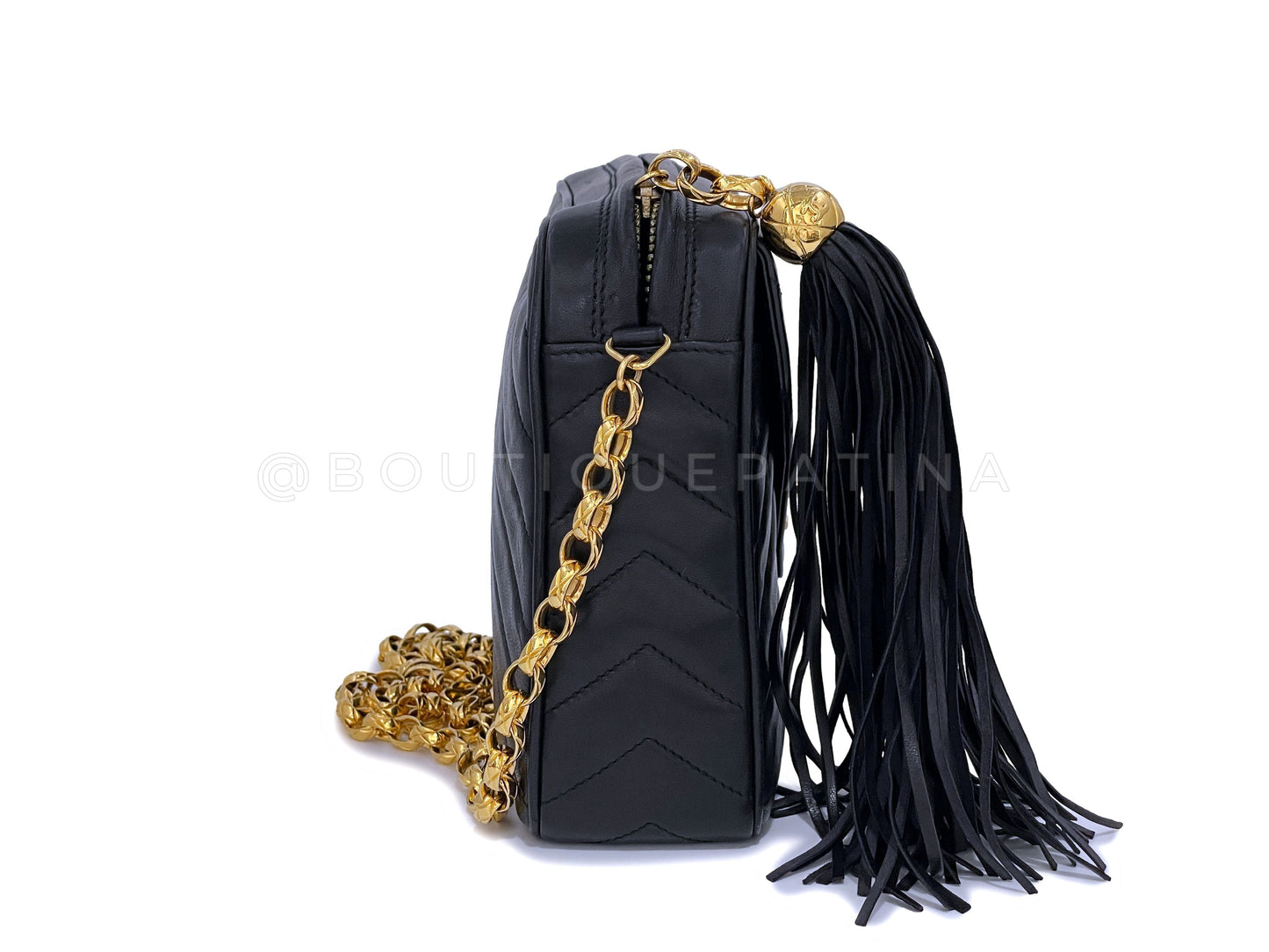 Pristine Chanel 1992 Vintage Black Envelope Chevron Camera Case Bag 24k GHW