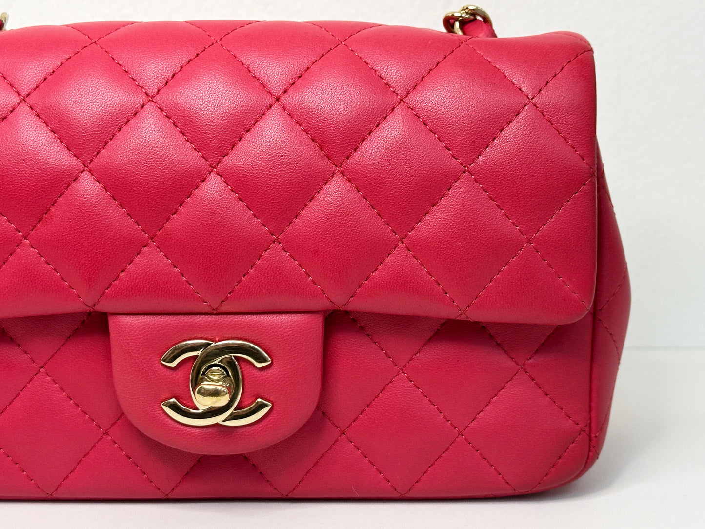 CHANEL Lambskin Quilted Mini Rectangular Flap Red 2491 holo card