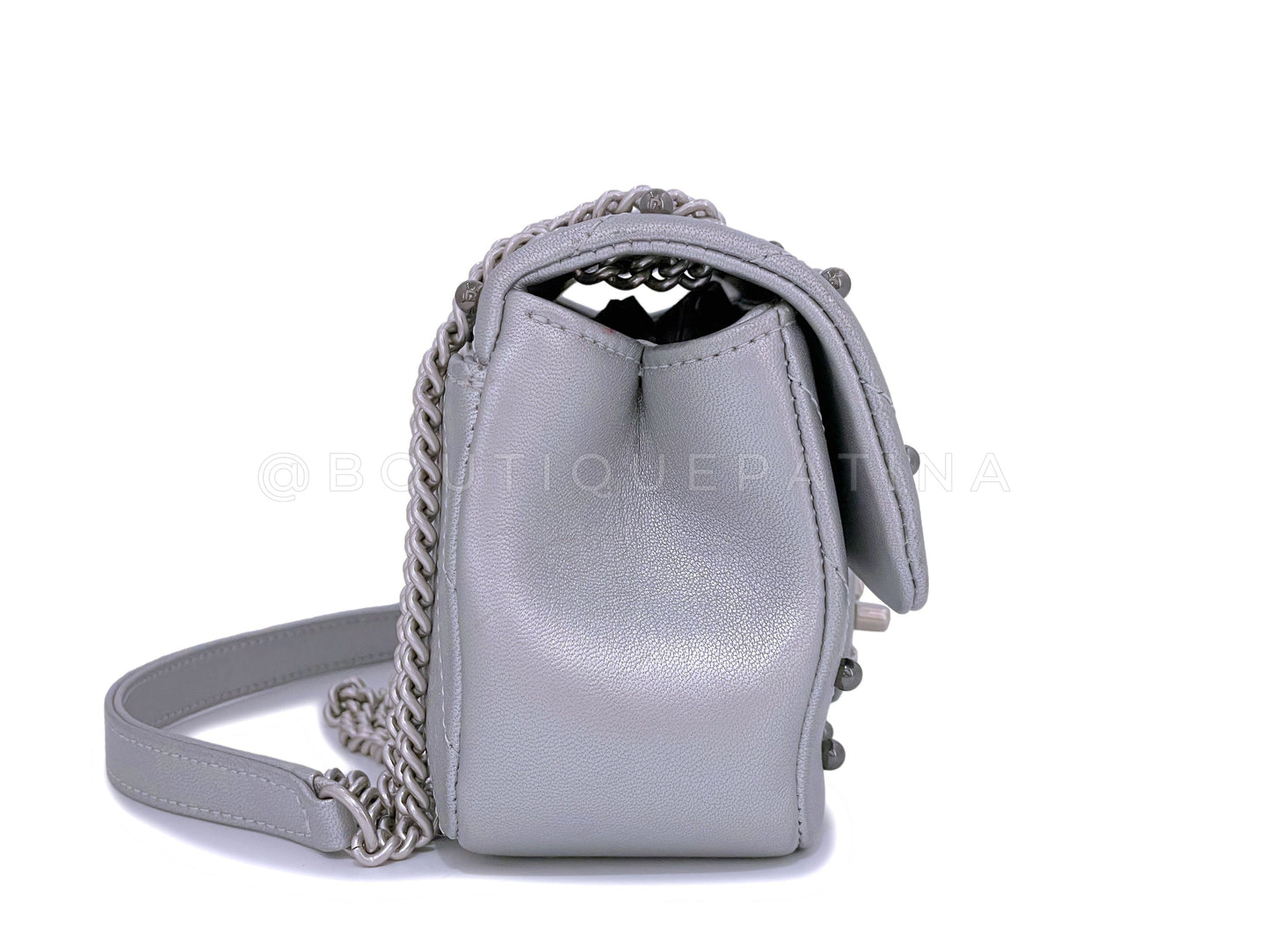 Chanel Silver Chevron Pearl Lambskin Rectangular Mini Flap Bag SHW BE2