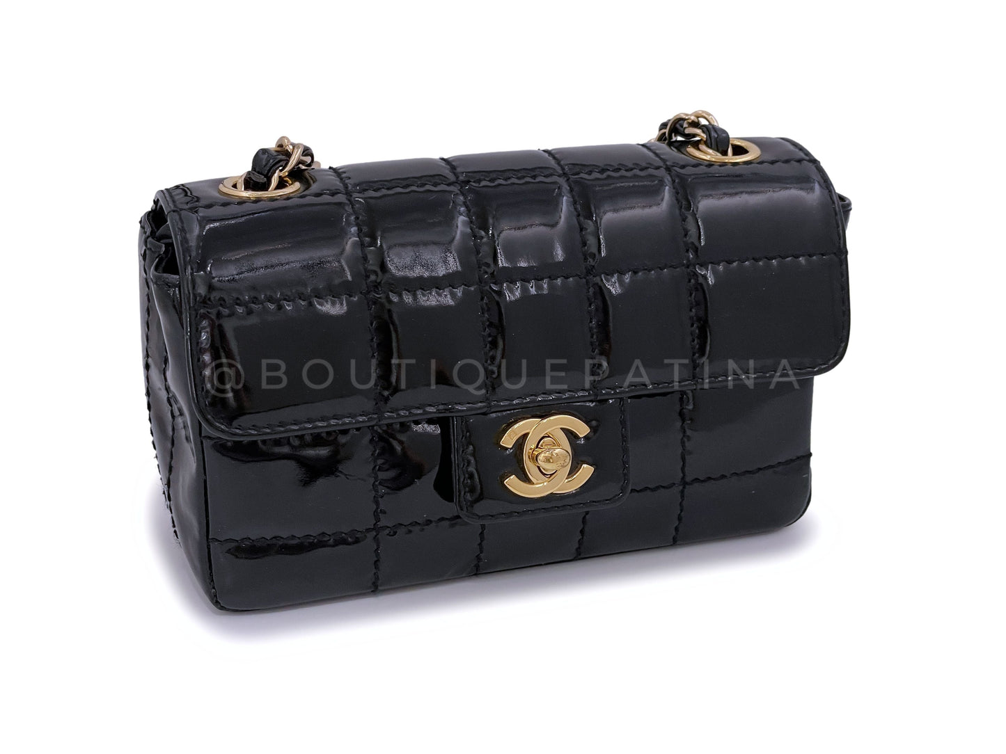 Chanel Vintage Black Patent Extra Mini Flap Bag 24k GHW Chocolate Bar