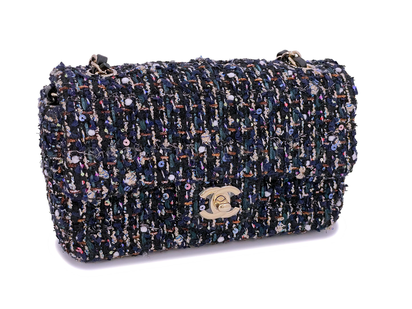 NIB Chanel 21A Metiers D'Art Sequined Tweed Rectangular Mini Flap Bag GHW