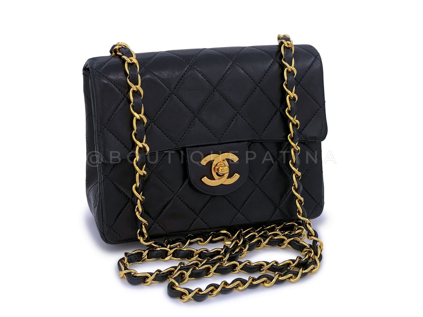 Chanel 1989 Vintage Black Square Mini Flap Bag 24k GHW Lambskin
