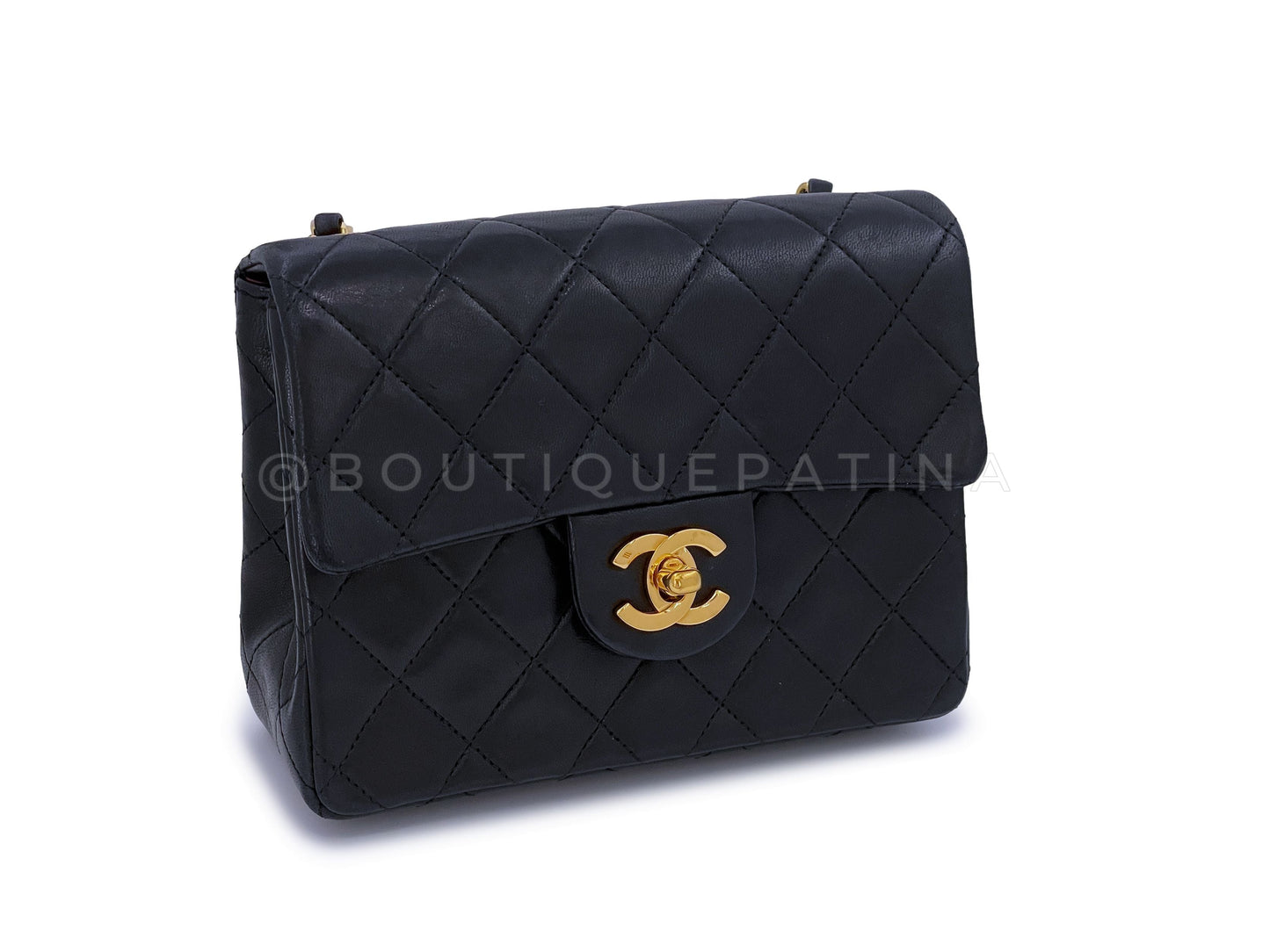 Chanel 1989 Vintage Black Square Mini Flap Bag 24k GHW Lambskin