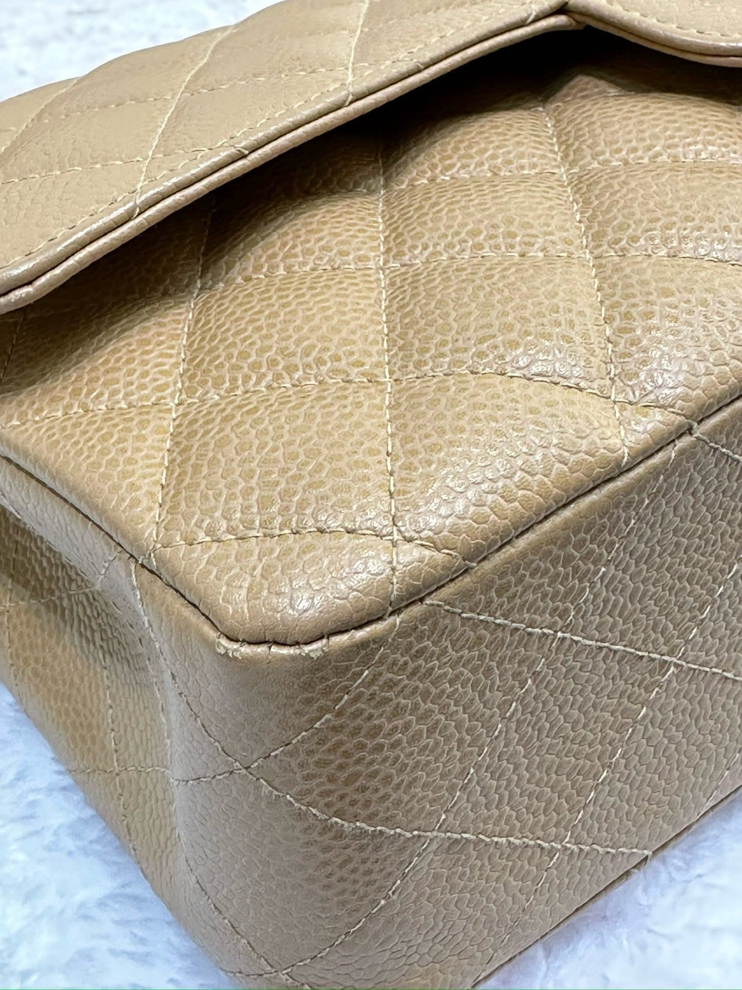 Chanel Medium Caviar Quilted Double Flap Beige Bag 866 Holo
