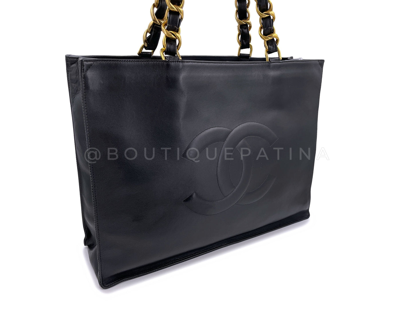Chanel 1995 Vintage Black Chunky Chain Shopper Tote Bag Calfskin
