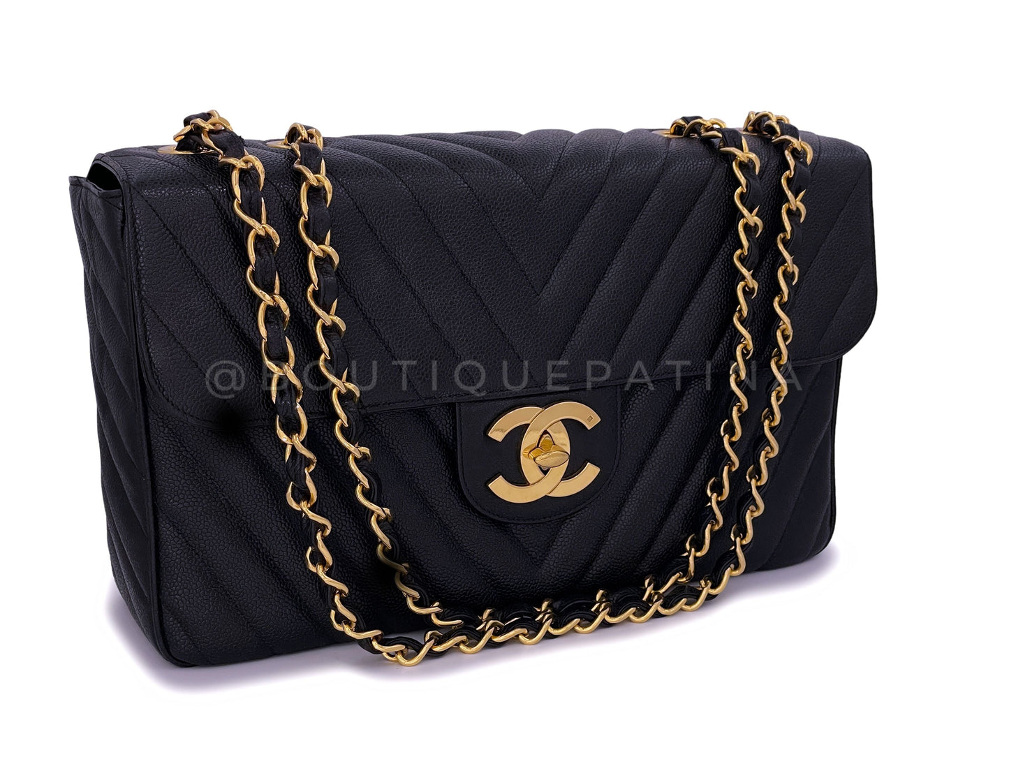 Chanel Vintage Caviar Maxi "Jumbo XL" Chevron Classic Flap Bag 24k GHW