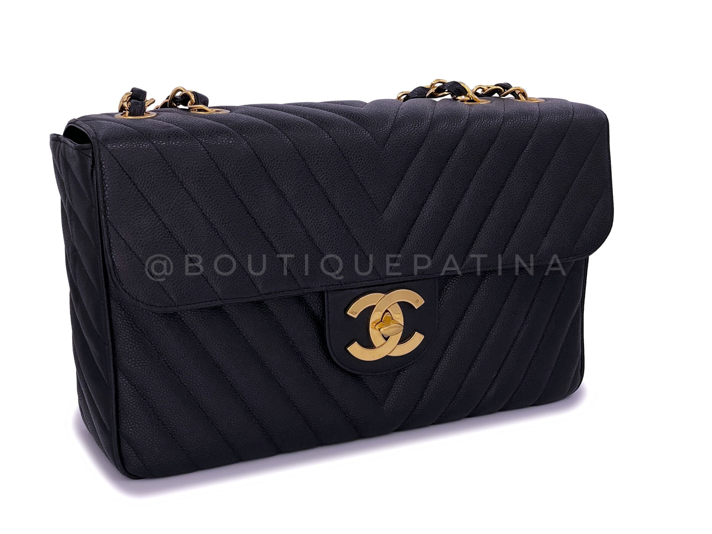 Chanel Vintage Caviar Maxi "Jumbo XL" Chevron Classic Flap Bag 24k GHW