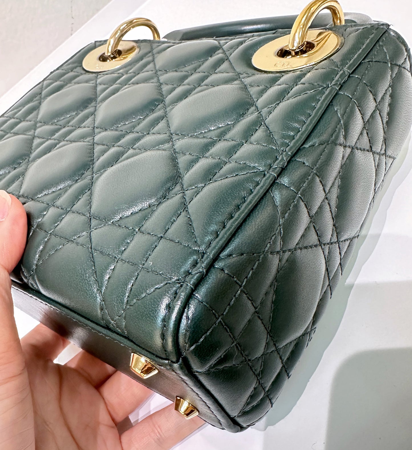 CHRISTIAN DIOR Lambskin Cannage Mini Lady Dior Dark Green