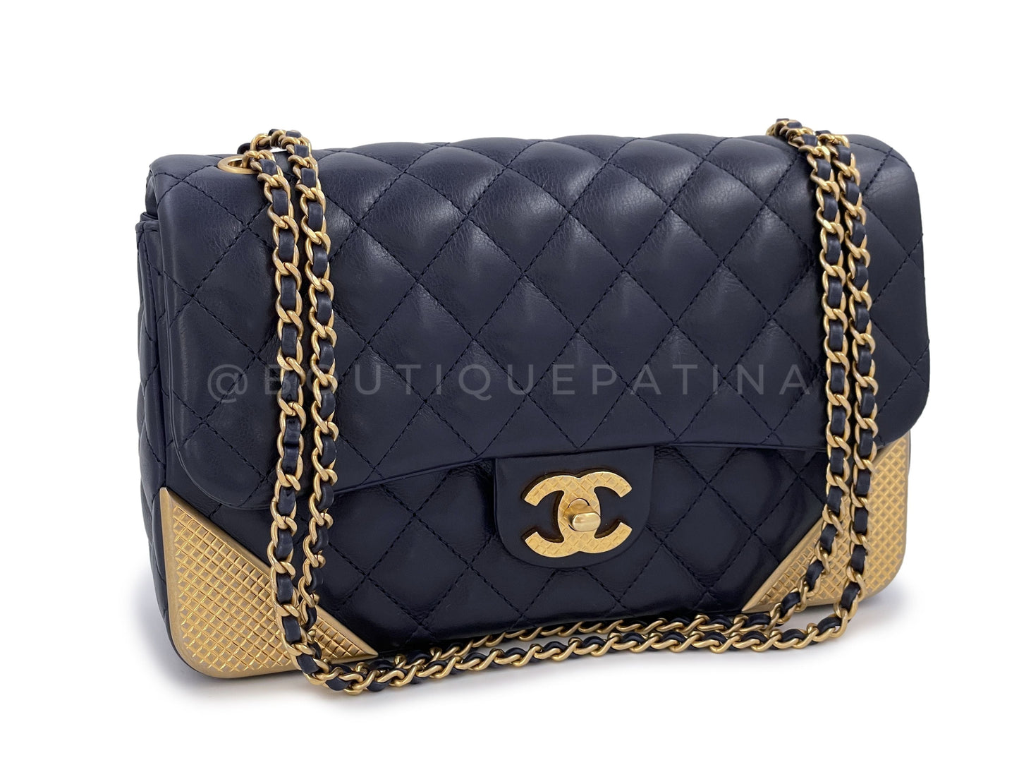 Chanel Quilted Rock the Corner Flap Bag Navy Blue Aged Gold HW