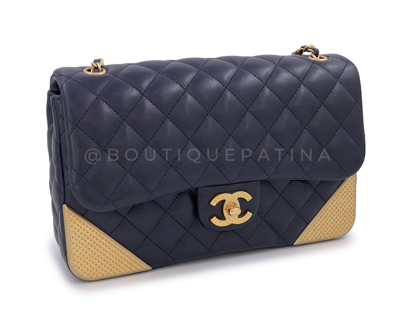 Chanel Quilted Rock the Corner Flap Bag Navy Blue Aged Gold HW