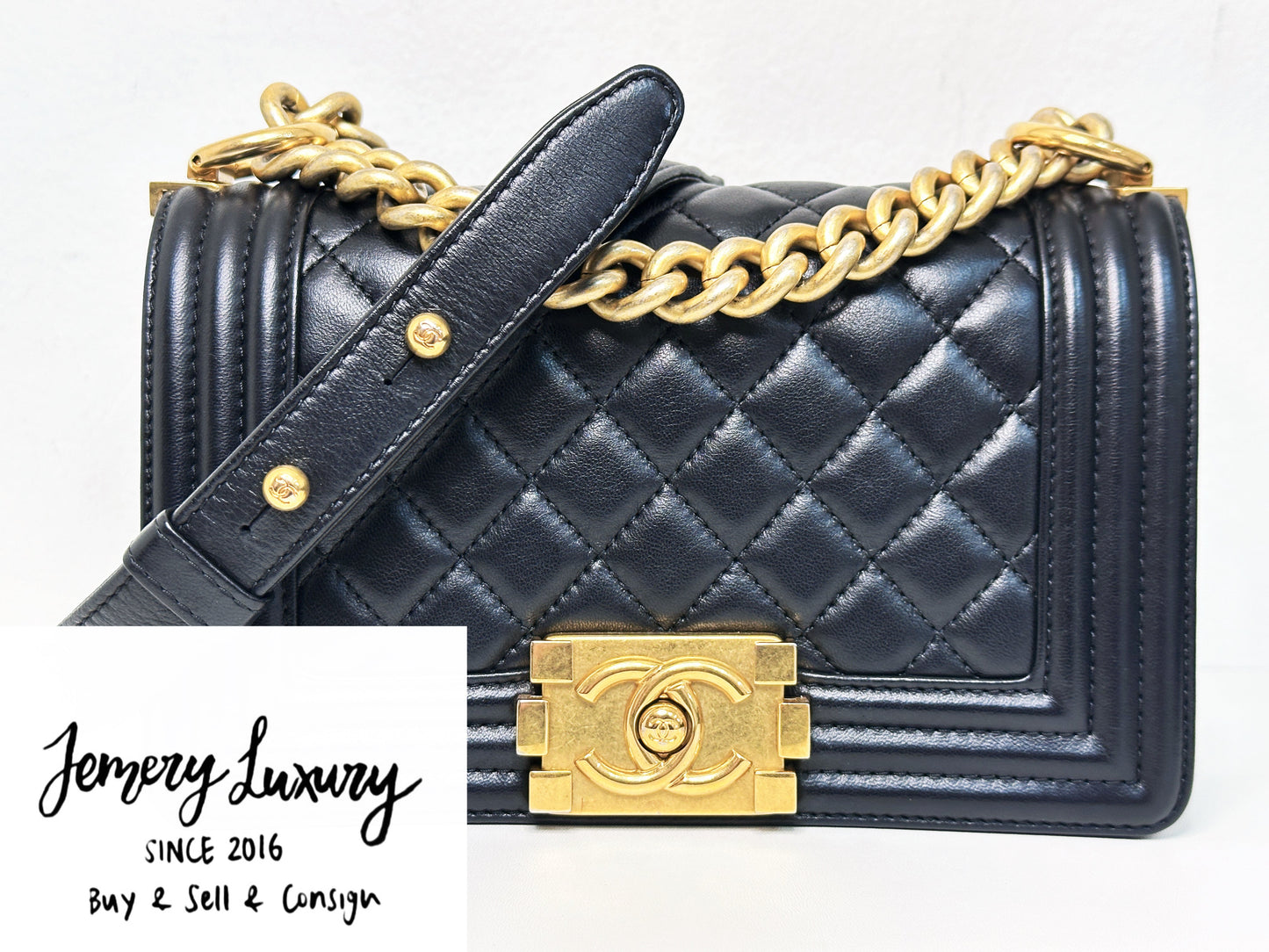 CHANEL SMALL BOY BAG CAVIAR BLACK GHW 2457 holo card