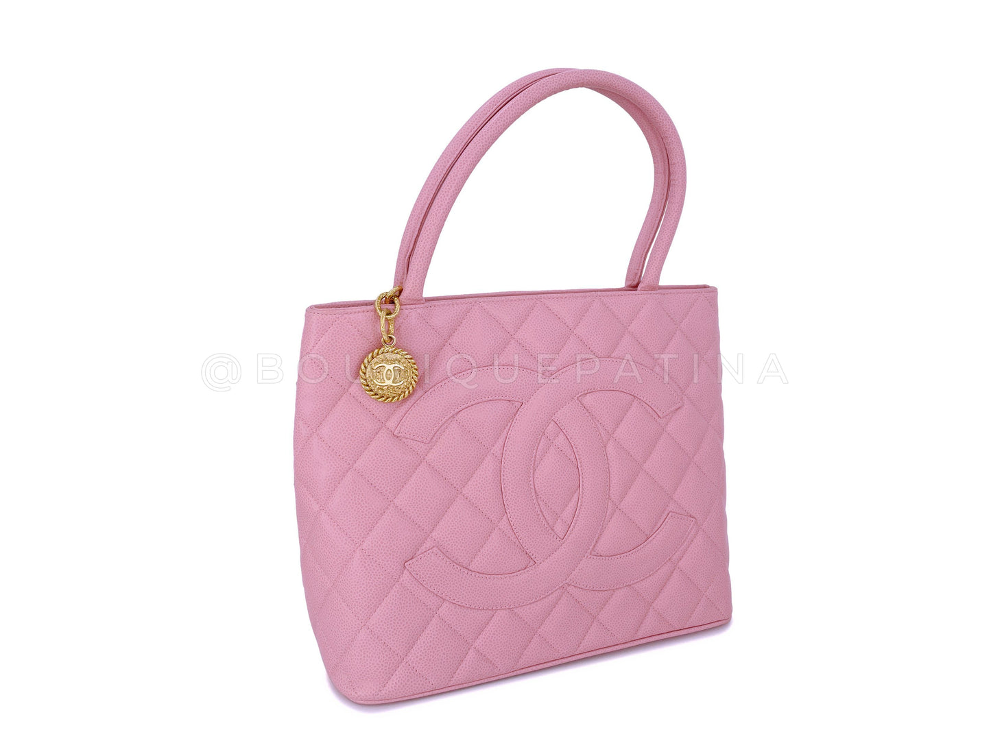 Pristine Chanel Vintage Rose Sakura Pink Caviar Medallion Shopper Tote Bag 24k GHW