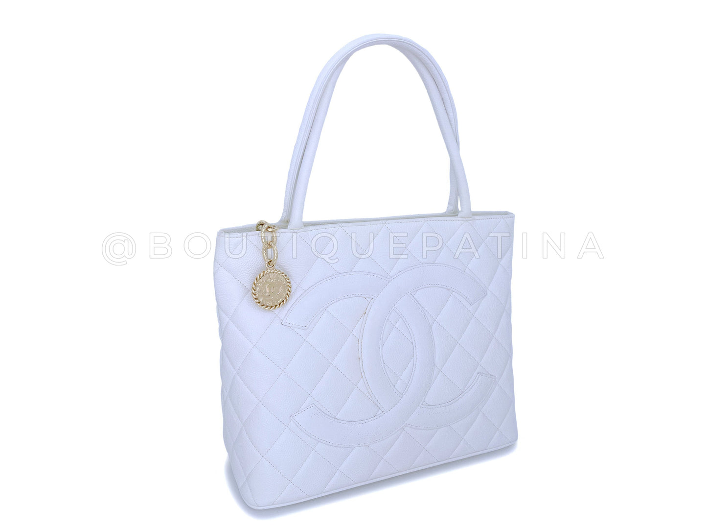 Pristine Chanel 2002 Vintage White Caviar Medallion Shopper Tote Bag 24k GHW
