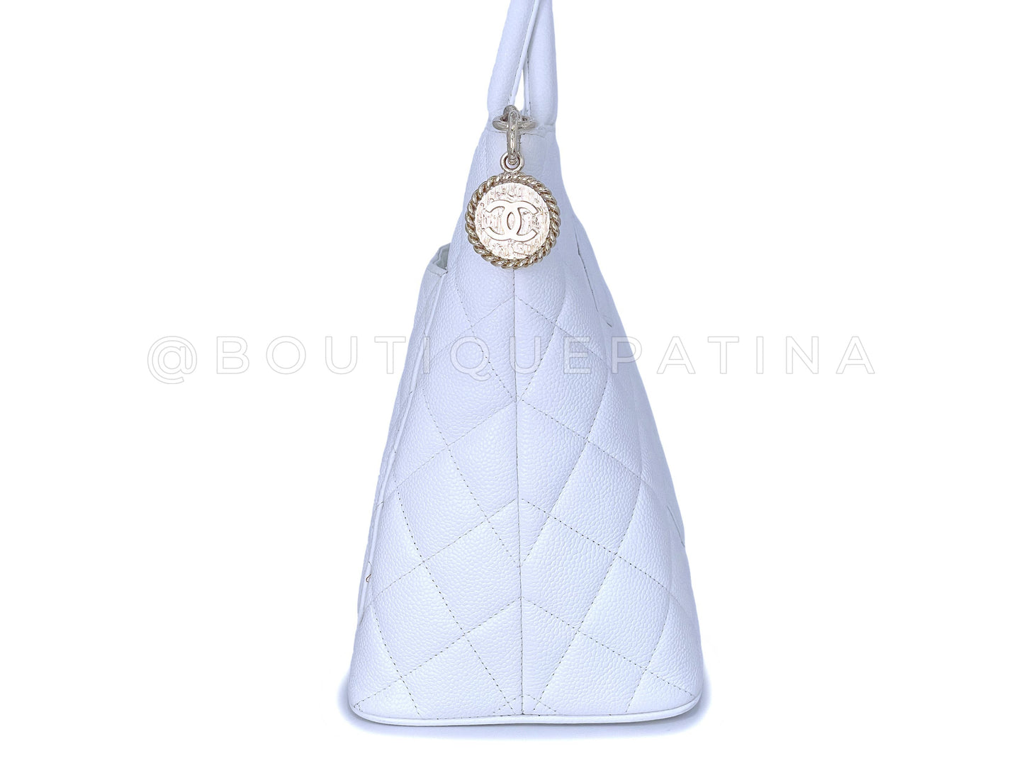 Pristine Chanel 2002 Vintage White Caviar Medallion Shopper Tote Bag 24k GHW