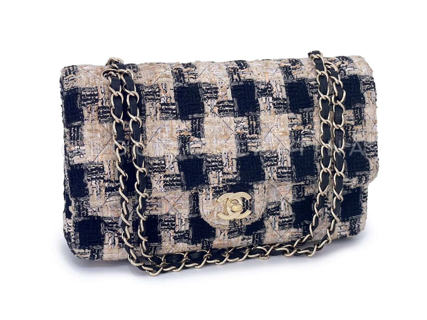 Chanel 2004 Vintage Tweed Classic Double Flap Bag Cream Beige Black 24k GHW