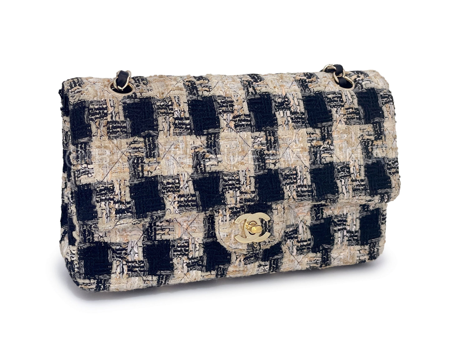 Chanel 2004 Vintage Tweed Classic Double Flap Bag Cream Beige Black 24k GHW