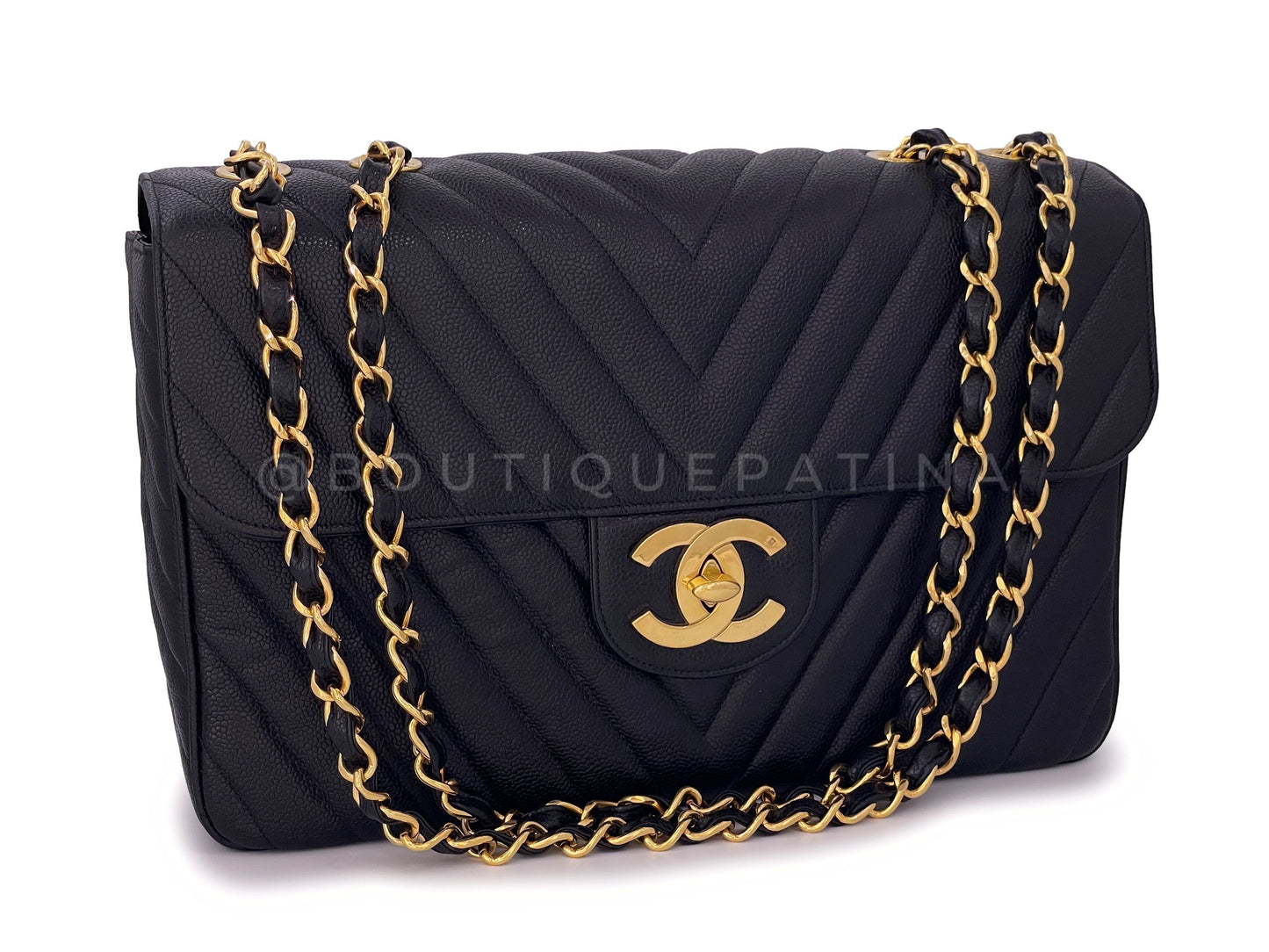 Chanel 1994 Vintage Black Caviar Chevron Maxi XL Classic Flap Bag 24k GHW