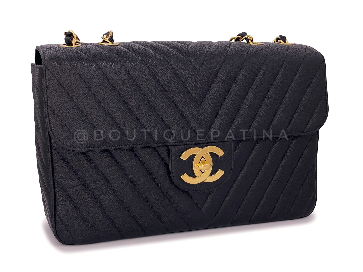 Chanel 1994 Vintage Black Caviar Chevron Maxi XL Classic Flap Bag 24k GHW