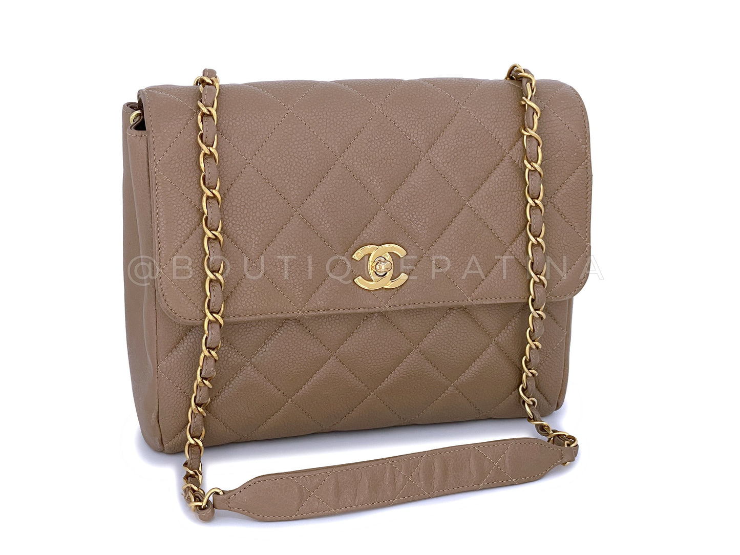 Chanel 1994 Vintage Taupe Beige Caviar Tall Crossbody Flap Bag 24k GHW