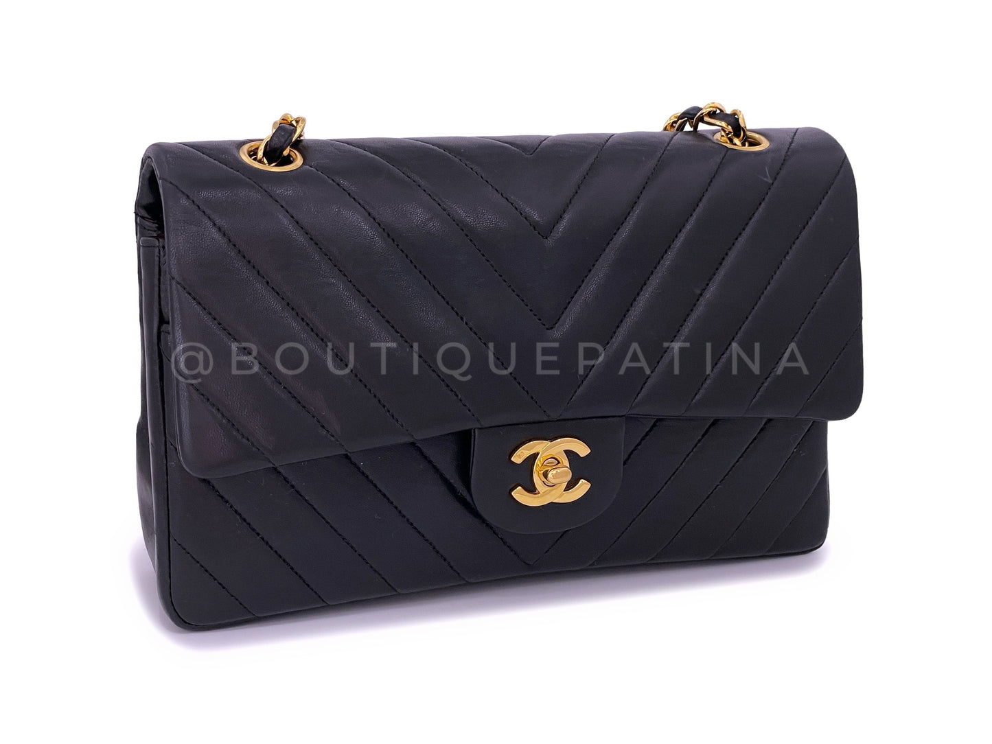 Chanel 1991 Vintage Medium Black Chevron Classic Double Flap Bag 24k GHW Lambskin