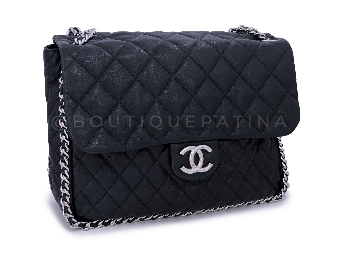 Pristine Chanel Black Aged Calfskin Chain Around Maxi Flap Bag SHW